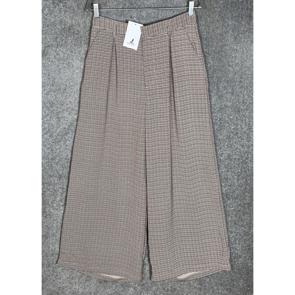 Tronjori Houndstooth Super Wide Leg Pants Womens Sz M Tan Red Black Pockets New